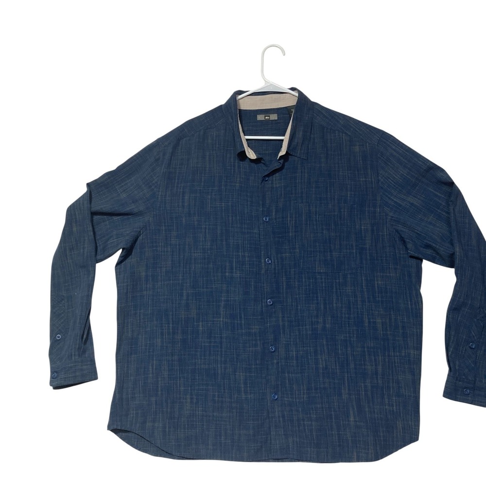 REI Mens‎ XXL Blue Tan Crosshatch Textured Button Front Long Sleeve Shirt Pocket